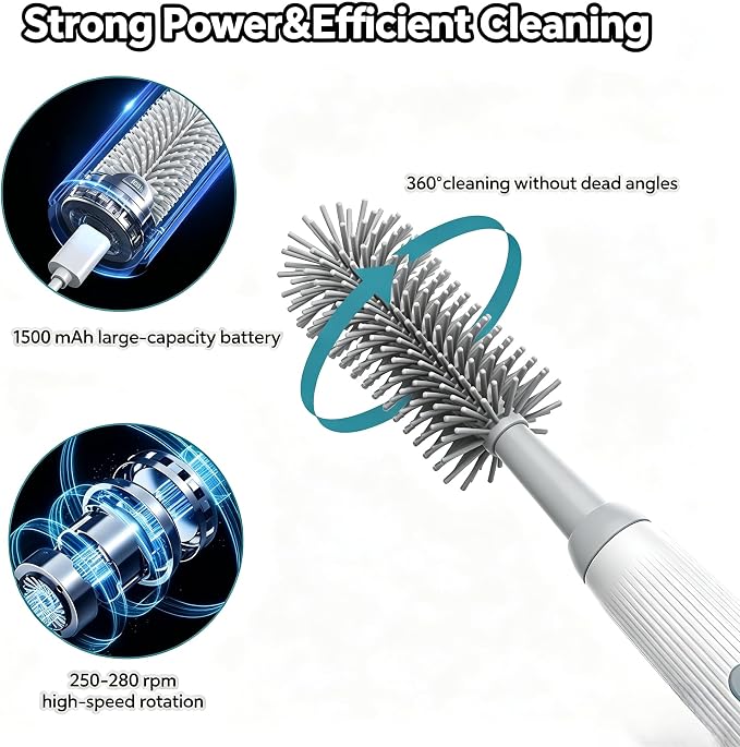 Electric Bottle Brush Set, 6-in-1 Electric Cleaning Brush with Waterproof Silicone Cleaner, 3 Replaceable Brush Heads, Straw Brush & Extension Rod, for Baby Feeding Supplies and Kitchen Utensils