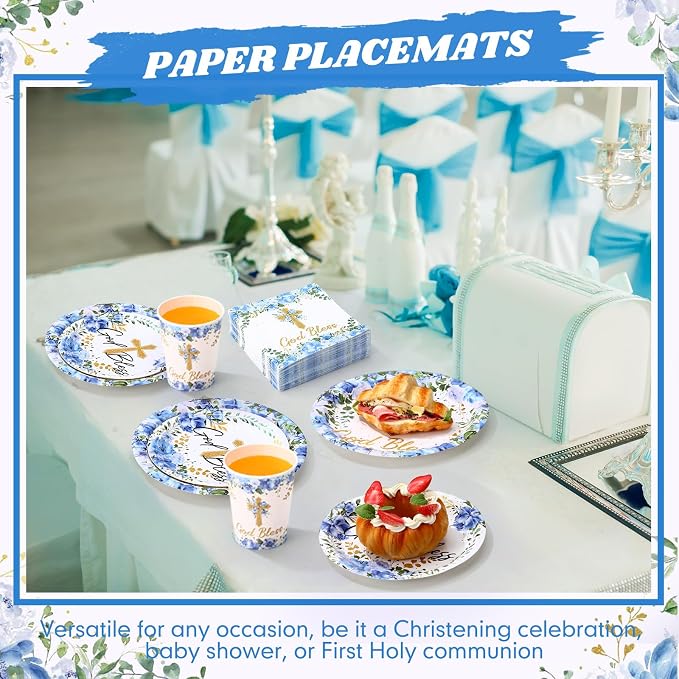 Pickmesh 250 Pcs Blue Baptism Cross Disposable Tableware Set Confirmation Baptism Disposable Paper Plates Napkins Cups for First Holy Communion Christening Baby Shower Boy Religious Supplies, Serve 50