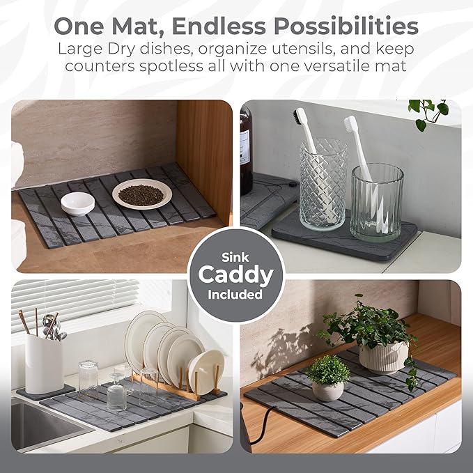 Large Stone Dish Drying Mat for Kitchen Counter, Quick Dry Stones Dishes Mats,Stone Drying Mat for Kitchen Counter, Water Absorbing Diatomaceous Earth Drying Mat (Dark Gray 24"×16" & 8"x4")