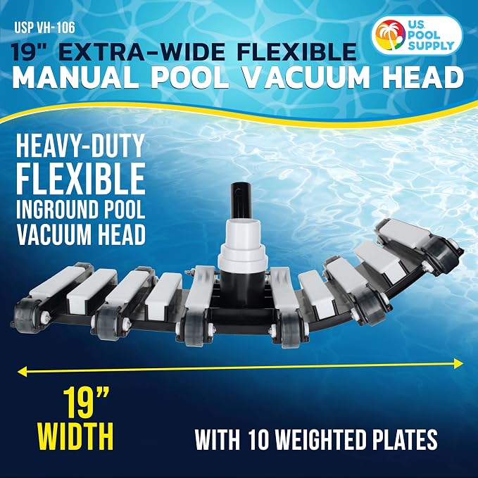 U.S. Pool Supply 19" Manual Pool Vacuum Head for Inground Pools, Flexible, Extra-Wide, Weighted - Heavy-Duty, 10 Weights, 7 Lbs, Connect 1.5" Hose, Swivel Direction-Control Metal Pole Handle, Cleaning