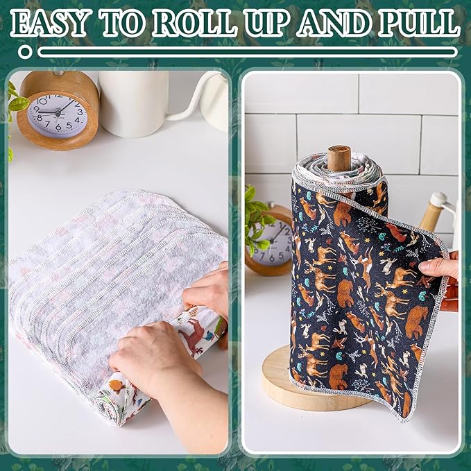 Redbaker 60 Pcs Reusable Paper Towels Rolls Kitchen Towels Bulk Washable Paperless Cloth Cotton Hand Napkins with Cardboard Reusable Napkins for Kitchen Bathroom (Wild Animal)