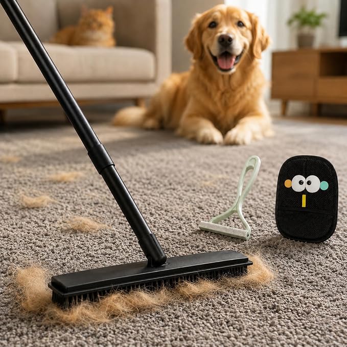 GOOGO Pet Hair Removal Kit, Black Carpet Rake and Scraper | Designed for daily fur pickup on carpets, upholstery, pet beds and car mats, with a long handle rake, scraper and glove.