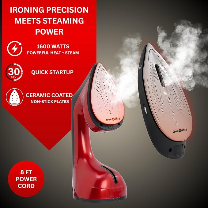 True & Tidy 2-in-1 Iron and Handheld Steamer, 1600W Dual Heating System with Ceramic-Coated Plate, LCD Display, No-Drip Technology, 3 Fabric Modes, Portable Garment Steamer for Home & Travel
