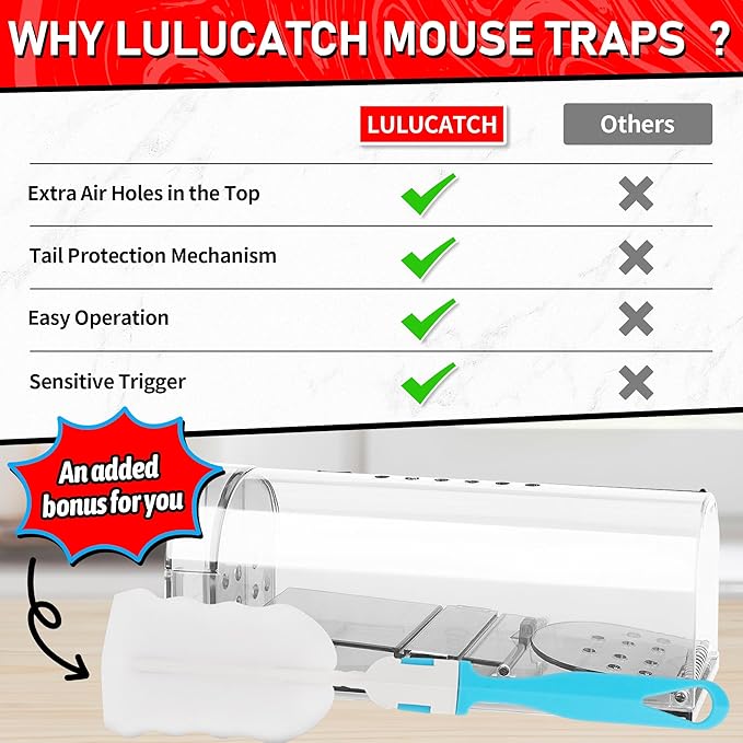 LULUCATCH Humane Mouse Traps 2 Pack | Live No Touch Catch and Release No Kill Rodent Traps | Reusable with Cleaning Brush | Pet Safe Indoor Outdoor for Mice, Rats, Chipmunks, Voles, White