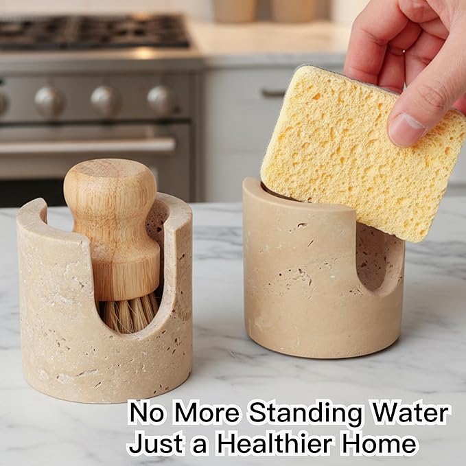Natural Travertine Stone Sponge Holder, Compact Upright Sink Organizer for Kitchen & Bathroom Countertops, Porous Stone Design Supports Everyday Drying, Minimal Decor, Beige