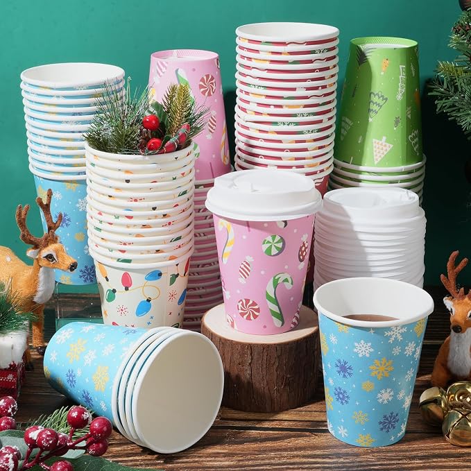 200 Set Christmas Coffee Paper Cups with Lids 12oz, Bulk Disposable Colorful Party Cups, 5 Styles Xmas Holiday Cups for Hot Chocolate Cold Drinks Christmas New Year Winter Party Supplies Decorations
