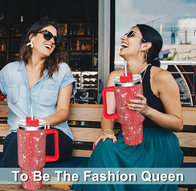 HWISDMIG 40oz Tumbler with Handle-Glitter Rhinestones Tumbler Bling Cups Stainless Steel Water Bottle Diamond Studded Tumbler for Women-Birthday Gifts for Women, Mom, Wife, Girlfriend (40 oz,Red)