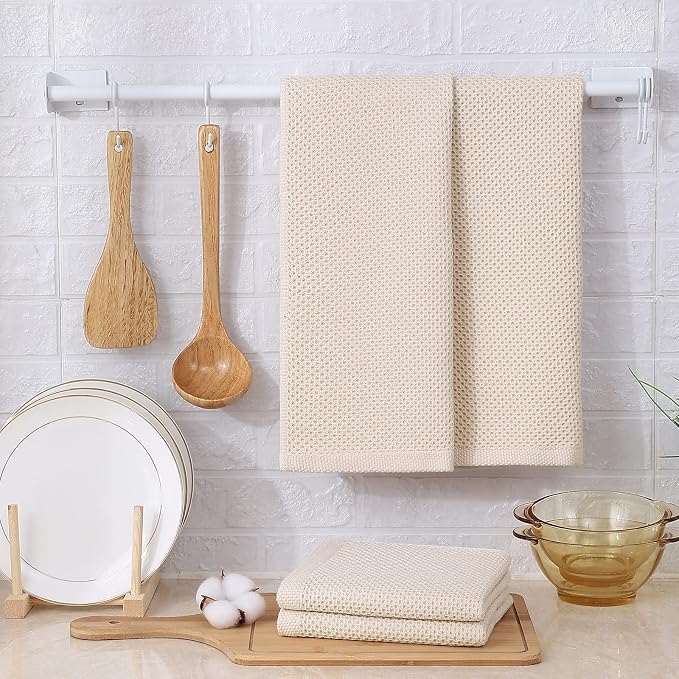 Kitinjoy 100% Cotton Waffle Weave Kitchen Hand Towels (13 X 28 Inches, Beige), 8-Pack Super Soft and Absorbent Dish Towel for Drying Dishes