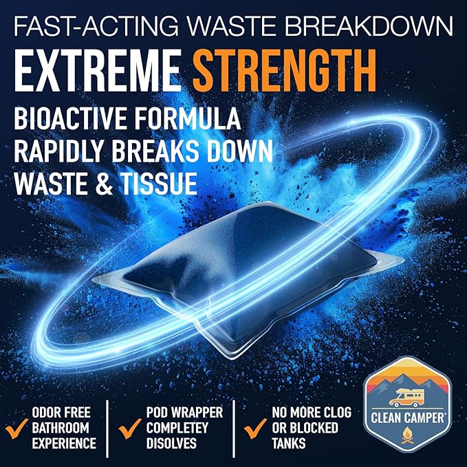 Clean Camper Extreme Strength RV Holding Tank Pods Maximum Odor Control & Fast Waste Breakdown | Bio-Active Enzyme Formula | Sensor Safe, Septic-Safe, & Eco-Friendly | Easy Drop-In Pods