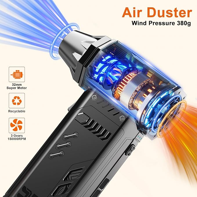 Air Duster - 250,000RPM Compressed Air Duster, Replaceable Batteries 2pcs,Long Life-mini Blower, 3-Gear Adjustable- Electeic Air Duster for Keyboard,PCs,Leaves,Car Cleaning (2*Batteries)