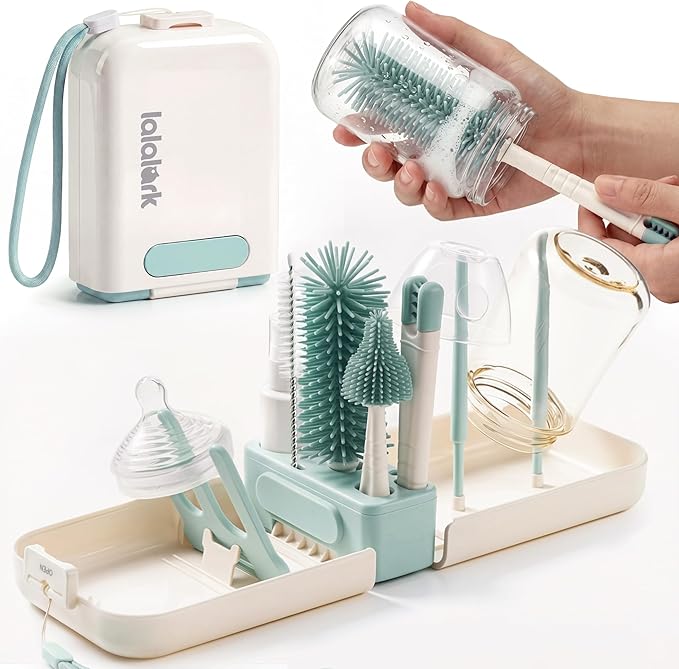 Lalalark Bottle Brush Kit, 7-in-1 Foldable Baby Bottle Drying Rack & Cleaning Set for Home and Travel, Perfect Essentials Gift for Mom After Birth, Cyan