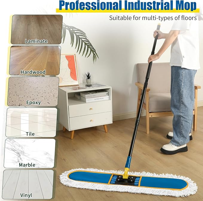24" Commercial Dust Mop for Floor Cleaning, Heavy Duty Large Industrial Floor Duster with 2 Cotton Mops Pads, Wet Dry Mops for Hardwood Floors, Concrete, Marble, Laminate, Tile, Garage, Blue