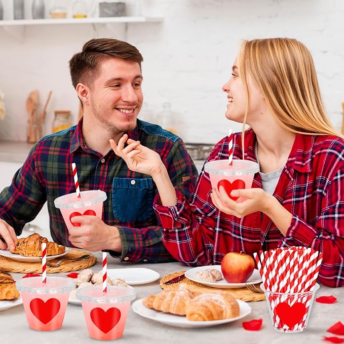 Whaline 100 Pcs 9 Oz Valentine's Day Disposable Plastic Cups with Lids and Straws Red Heart Cold Beverage Valentine Love Heart Drinking Cups Iced Coffee Juice Tea Cup for Wedding Whiskey Party Favors