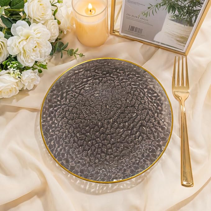 DaYammi 240Pcs Black Plastic Plates Including 120Pcs Black Dessert Plates and 120Pcs Gold Forks,Hammered Party Plate,Gold Rimmed Appetizer plates Heavy duty Disposable Plastic Plate for Party Birthday