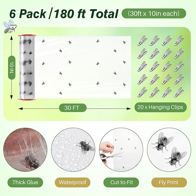 Giant Fly Sticky Trap Roll – 6 Rolls, 180 FT Total Heavy-Duty Fly Paper Glue Trap for Indoor & Outdoor, Hanging & Tree Wrap Insect Barrier for Lantern Flies, Ants, Gnats & Flying Insects