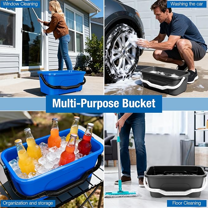 3 Gallon Mop Cleaning Bucket with Handle,4 Pcs Compact Square Plastic Bucket for Window Cleaning,Car Washing, Mopping & Household Cleaning Supplies Organizer Wash Water Bucket for Storage Blue Grey