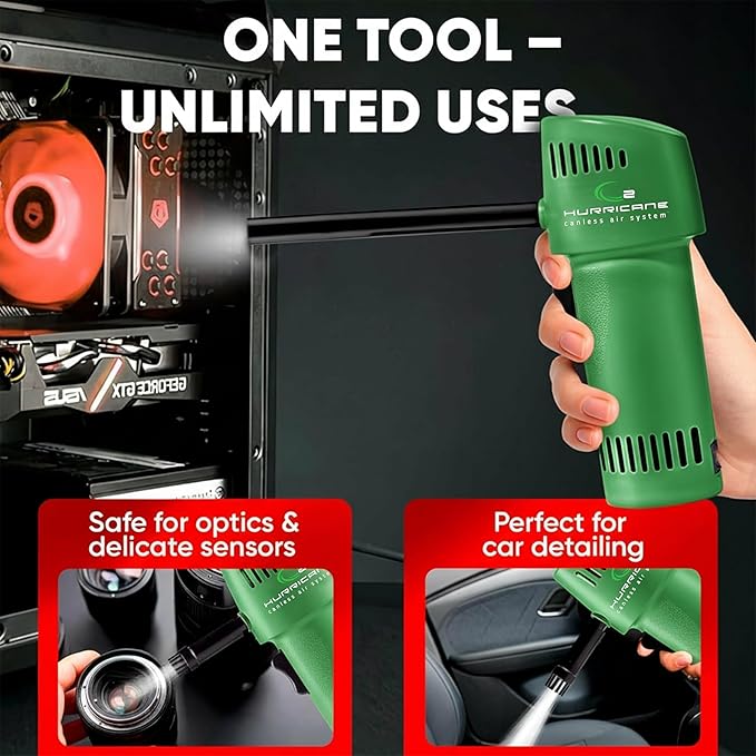 Canless Air System O2 Hurricane Industrial, Heavy Duty Rechargeable Air Duster, 220+ MPH Cordless Cleaner, Sustainable Pro Alternative, Green, Made in USA