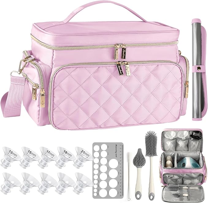 Breast Pump Bag Kit for Spectra S1/S2, Pumping Bag with Bottle Brush Set, 10Pcs Flange Inserts for 24mm Flange, Nipple Ruler, Waterproof Mat, Pump Carrying Case for Work Travel, Light Pink