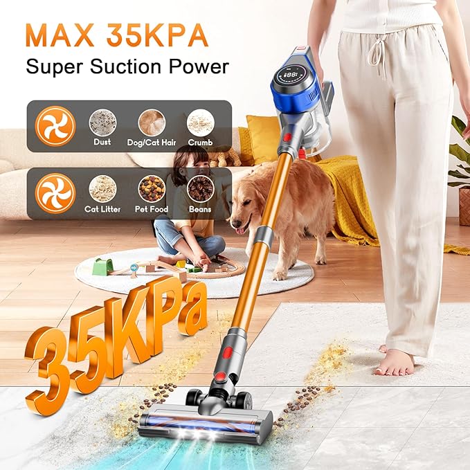 BSNAW Cordless Stick Vacuum Cleaner - Rechargeable, 35Kpa Powerful Vacuums with Detachable Battery Display, Max 45Mins Runtime, 8 in 1 Handheld Vacuum for Hardfloor & Carpets Pet Hair