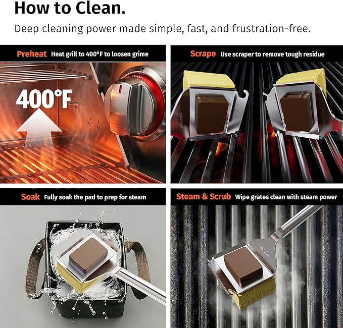East Oak 16“ Bristle-Free Grill Brush, 2mm Thick Stainless Steel Rod, Heat-Resistant Aramid Sponge Head (900°F), Steam Cleaning Brush with Scraper, Safe for Cast Iron & Stainless Steel Grates