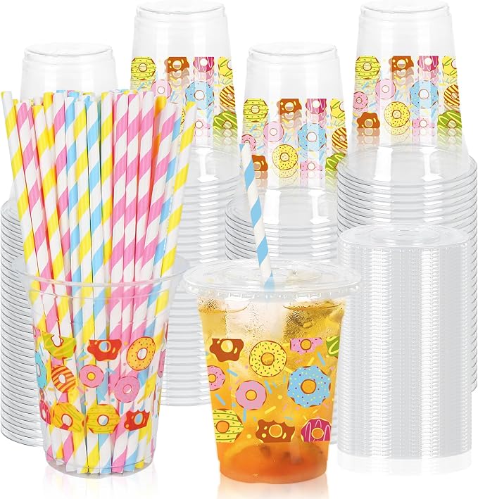 FYSUIMU 50Pcs 12Oz Donut Plastic Cups with Lids & Straws Sweet Doughnut Disposable Clear Drinking Cups for Summer Birthday Baby Shower Party Supplies
