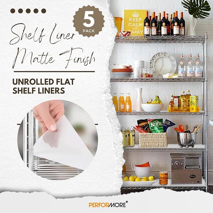 Performore Clear Waterproof Vinyl Wire Shelf Liners – 14”×36”, Non‑Adhesive Grip & Cut‑to‑Size Design – Anti‑Slip Protection for Kitchen, Pantry, Refrigerator – 5‑Pack
