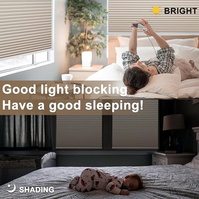 MYshade Cordless Blackout Cellular Shades, 1.5" Honeycomb Window Blinds for Bedroom & Nursery, Thermal Insulated, Noise Reducing, Privacy Shades, Inside or Outside Mount (20" W x 48" H, Beige)