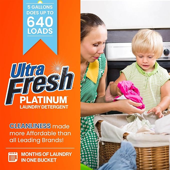 Ultra Fresh 6X Platinum Laundry Detergent, Up to 640 Loads, Bleach Alt, 5 Gallon Bundled with Laundry Detergent Sheets, Fragrance and Dye Free