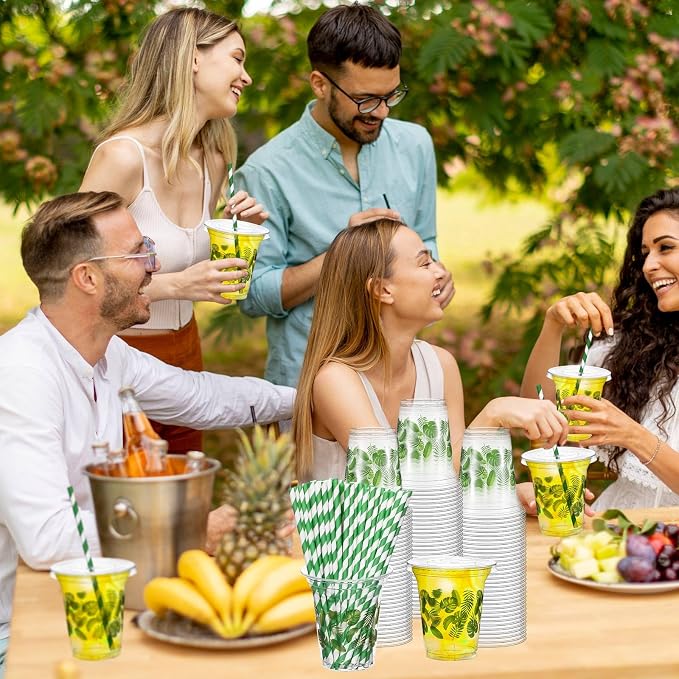 Umigy 100 Pack Plastic Disposable Cups with Lids and Straws 12 oz Disposable Cups for Juice Water Coffee Summer Party Sports Party Supplies(Palm Leaf)