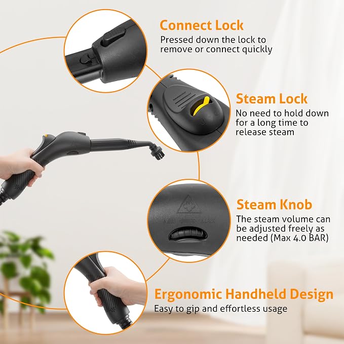 WICHEMI Steam Cleaner with Extension Pole, 51 oz, Steam Cleaner for Home, Adjustable Steam Pressure, 26 Accessories, Handheld Steam Cleaner for Walls, Gaps, Hard Floors, and Tiles