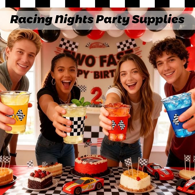 Dandat 100 Pack Race Car Party Plastic Cups 12 oz Blue Red Yellow Checkered Flag Disposable Clear Drinking Cups for If You Ain't First You're Last Birthday Fast One Party Supplies Favors