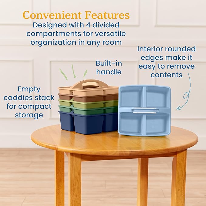 ECR4Kids 4-Compartment Medium Plastic Caddy, Multipurpose Organization, Earthtone, 6-Pack