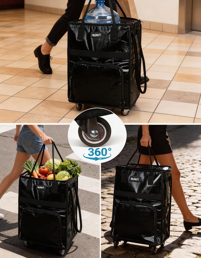 Reusable Rolling Shopping Bag with 5 Wheels, Foldable Grocery Cart Tote with Zipper, Lightweight Heavy-Duty Carry Bag HoldsUp to 66 lbs for Groceries, Laundry, Camping, Moving,Black