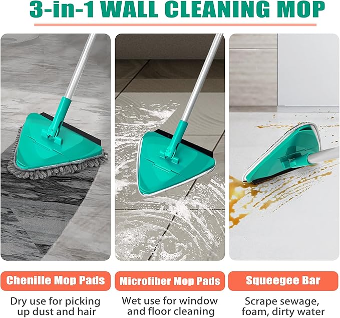 JEHONN Wall Cleaner Mop with Long Handle 82 Inches, 3-in-1 Ceiling Cleaning Tool Duster with 10 Replacement Microfiber Chenille Pads(Green)