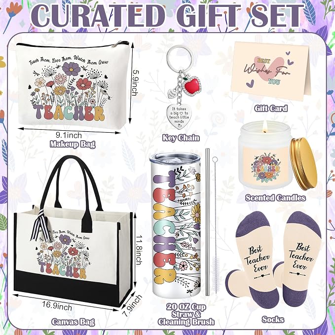 Patelai 7 Pcs Graduation Teacher Appreciation Gift Set, Thank You Teacher Gifts for Women with 20oz Tumbler Tote Bag Candle Makeup Bag Keychain, End of Year Teachers Gift Ideas Back to School Gifts
