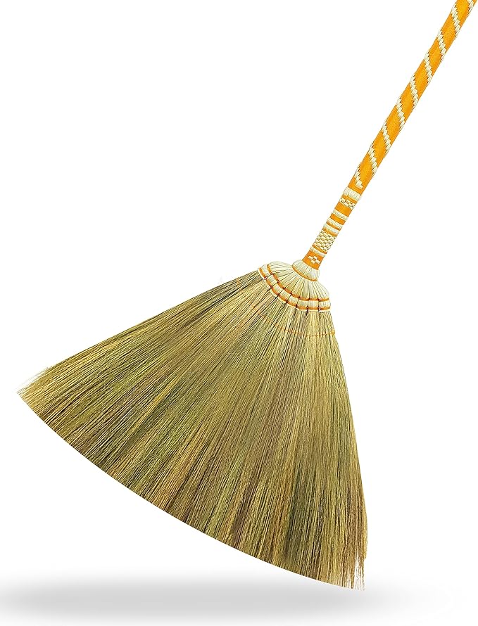 Asian Straw Broom Thai for Cleaning Floor,Housewarming Gift,Thai Vintage Retro Grass Broom Stick, Hardwood Sweeper with Brush Power and Circle Cleaning (Length 40 inch)