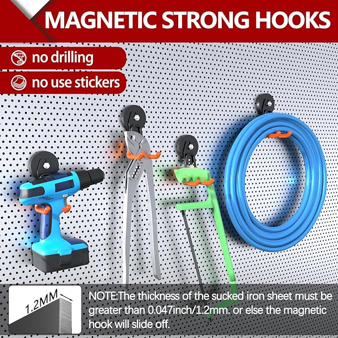 3-H Extra Strong Magnetic Hooks,Heavy Duty Large Anti-Slip Magnet Hooks,No-Drill Tool Holder for Garage,Power Drill,Garden Tools,Hose Storage,2 Pack Orange