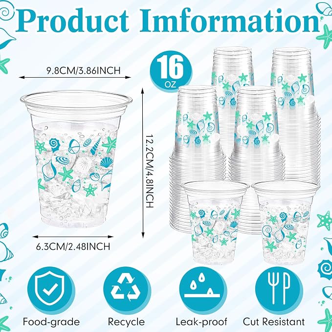 100 Pcs Seashell Plastic Cups 12 oz Summer Beach Starfish Disposable Plastic Drinking Cups Bulk for Under the Sea Ocean Pool Birthday Wedding Bridal Baby Shower Party Decoration Supplies