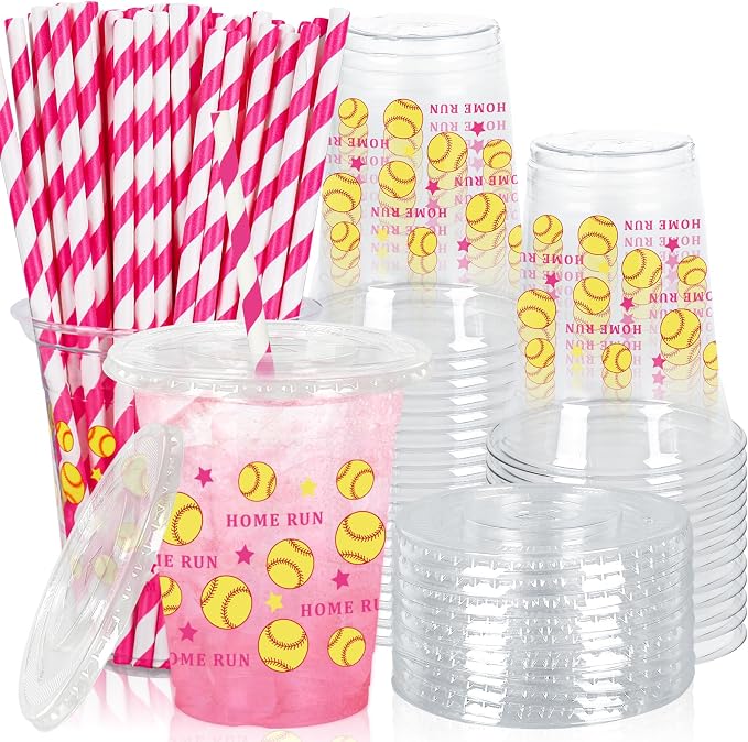 FYSUIMU 50 Pcs Softball Plastic Cups with Lids and Straws Clear Plastic Cups Yellow Baseball Party 12 Oz Disposable Cup for Sports Party Supplies