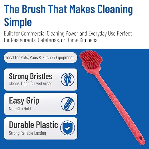SPARTA 40501EC05 Plastic Large Scrub Brush, Kitchen Brush, Utility Brush With Long Handle For Cleaning, 20 Inches, Red, (Pack of 6)