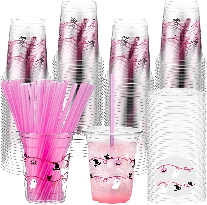 LemonRoad 50 Pcs 12oz Halloween Plastic Cups with Straws and Lids, Disposable Clear Party Cups Pumpkin Ghost Witch Drinking Set for Halloween Birthday Party Favors Supplies (Pink,Novel Style)