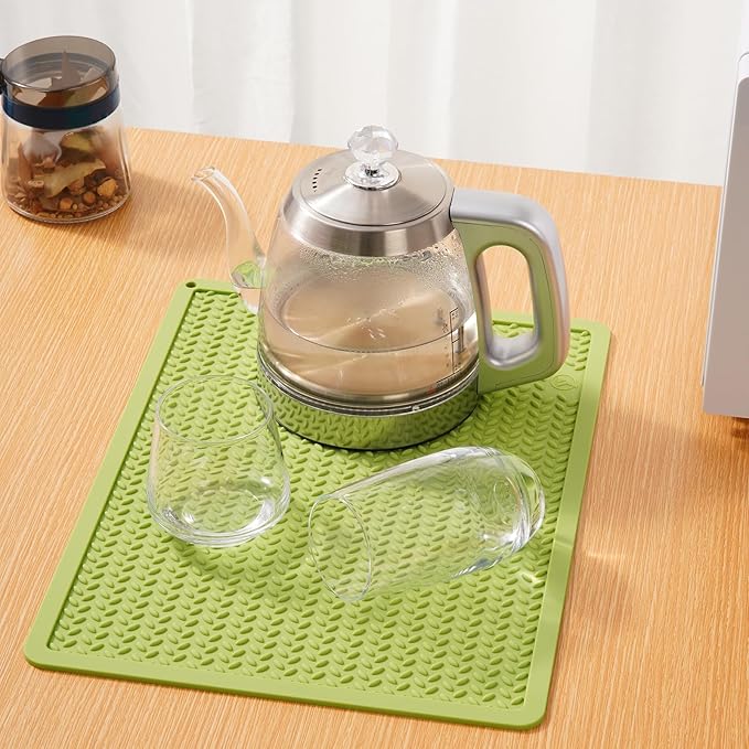 Silicone Drying Mat & Heat Resistant Mat for Kitchen Counter, Non-Slip Dishwasher Safe, Raised Edge for Dishes Bottles Sink (15.35x11.61in, Green)