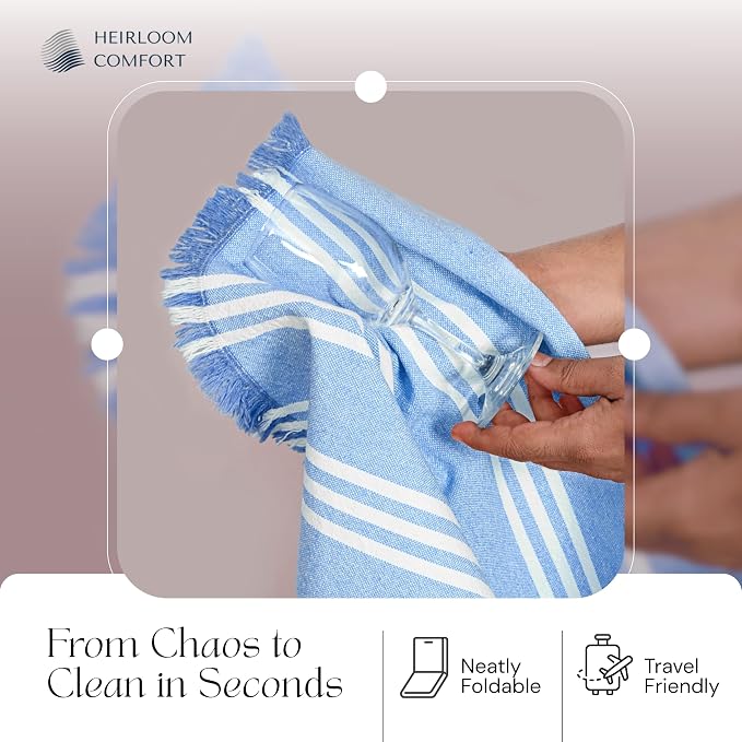 5 Pack Monochrome Stripe Dish Towels with Fringes, 16"x26", 100% Cotton, Absorbent & Durable, Quick Drying Kitchen Towels for Daily Cleaning, Cooking & Baking, Easy Care, Sky Blue