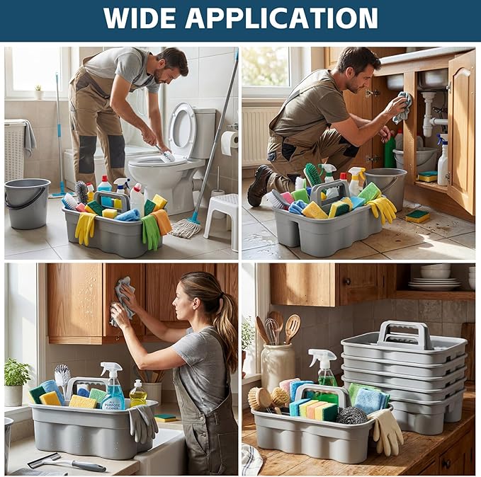 Wesiti 6 Pcs Cleaning Caddy with Handle Large Plastic Housekeeping Shower Basket Cleaning Supplies Organizer for Spray Bottles Brush Home Bathroom Office (Gray)