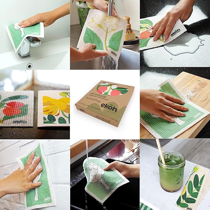 EKOH Swedish Dishcloths for the Kitchen - 12 Pack Cleaning Cloths for the Home - 100% Biodegradable Dish Cloths a Paper Towel and Plastic Sponge Alternative (Scandi Botanical, Scandinavian)