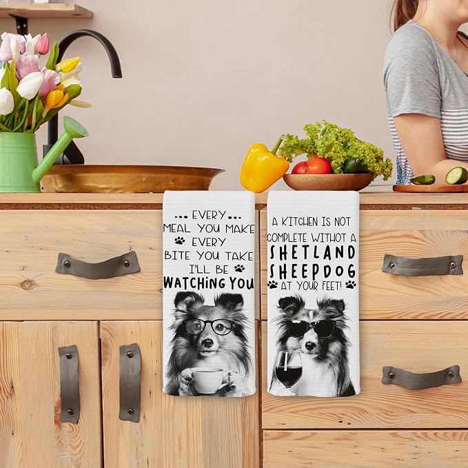 Funny Shetland Sheepdog Dog Kitchen Towels 16x24 Inch Set of 2 | Shetland Sheepdog Lovers Gifts for Women Men Dish Tea Towels for Kitchen, Dog Lover Mom Dad Owner Gifts Decorative Hand Towel