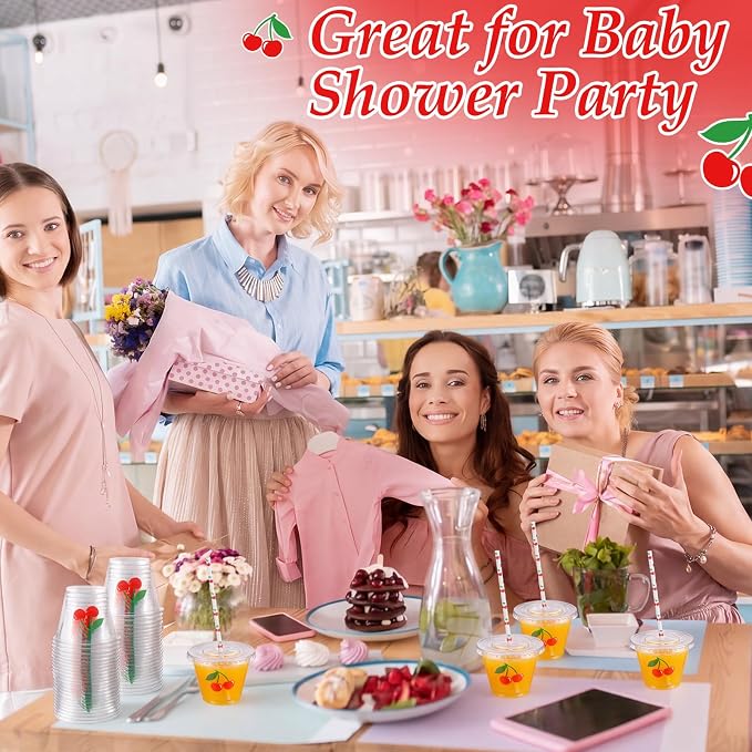 LemonRoad 100 Sets Cherry Disposable Plastic Cups Bulk with Lids Straws 9 oz Red Cherry Clear Plastic Cups Fruit Cold Beverage Drinking Container for Baby Shower Birthday Daily Holiday Party Supplies