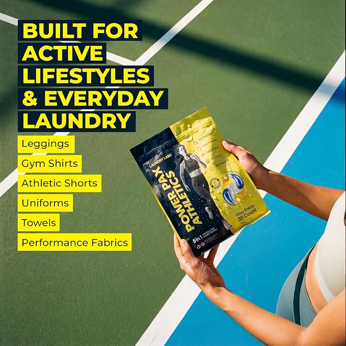 PowerPax Athletics Laundry Detergent Pods, 36 Count 5-in-1 Washer Pods for Activewear & Everyday Laundry, Enzyme Stain & Odor Remover, Citrus Energy, HE Washing Machine Pods