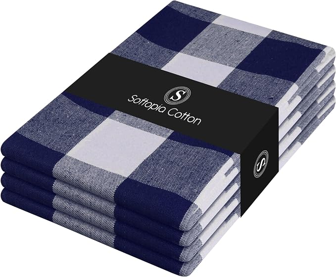 Navy Blue Buffalo Check Kitchen Towels, 4 Pack, 100% Cotton, 16x26 Inches, Soft, Absorbent, Quick Dry, Dish Cloths, Bar & Restaurant Cleaning Towels with Hanging Loop, Navy White