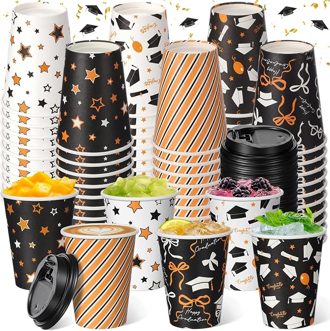 FoldTier 60 Pcs Class of 2026 Graduation Disposable Coffee Cups with Lids 12 oz Graduation Paper Cups Black White Gold Disposable Party Drinkware for Hot Cold Beverages